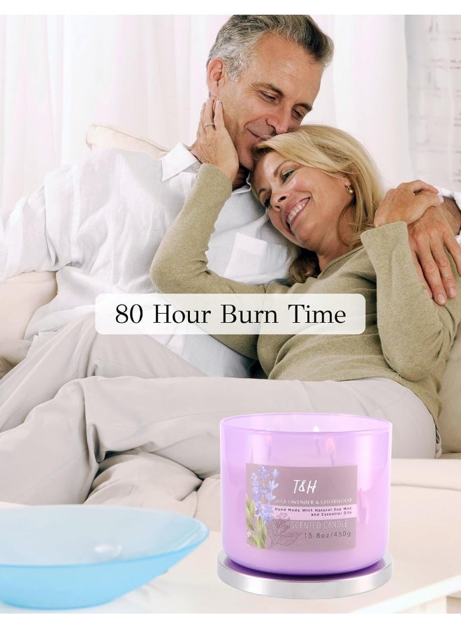 T&H Sage Lavender Cedarwood 3-Wick Candle | Large Scented Candle for Home | Calming Fall & Winter Scented Candle | Aromatherapy Lavender Woods Candles for Men & Women 15.8 oz | Sage Citrus Soy Candle - Image 2